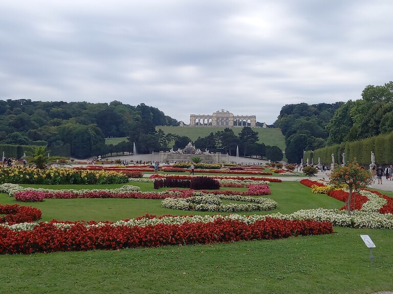 Die Gloriette am Schloss Schönbrunn mit den Bepflanzungen.