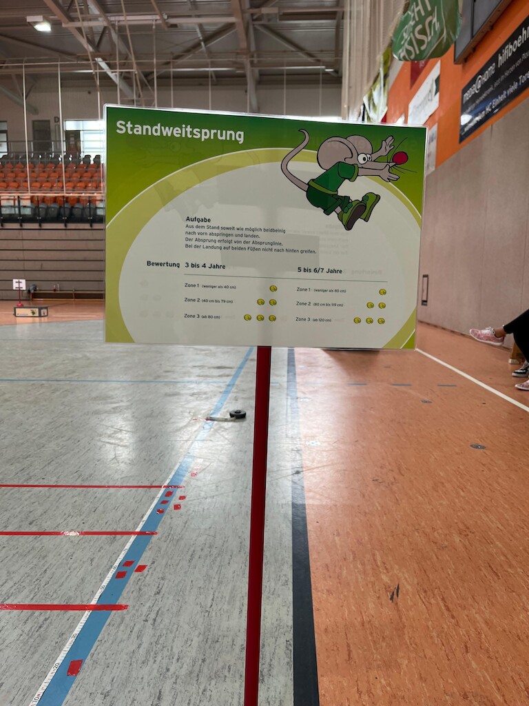 Das Schild Standweitsprung steht in der Turnhalle.