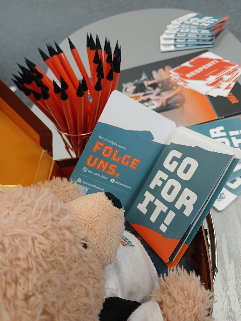 Unser Bär liest den Flyer mit Folge uns und Go for it