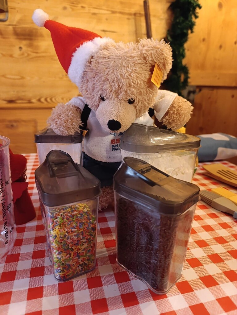 Unser Teddybär zwischen Plätzchen Deko.