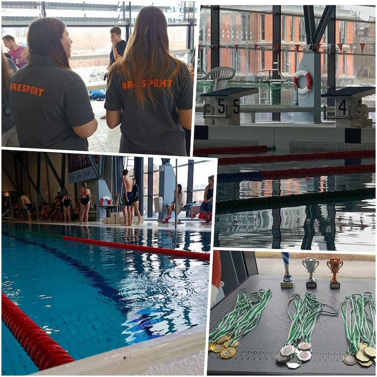 Ein Collage aus Bildern des Schwimmbads, des Beckens, der Teilnehmerden und der Medaillen.