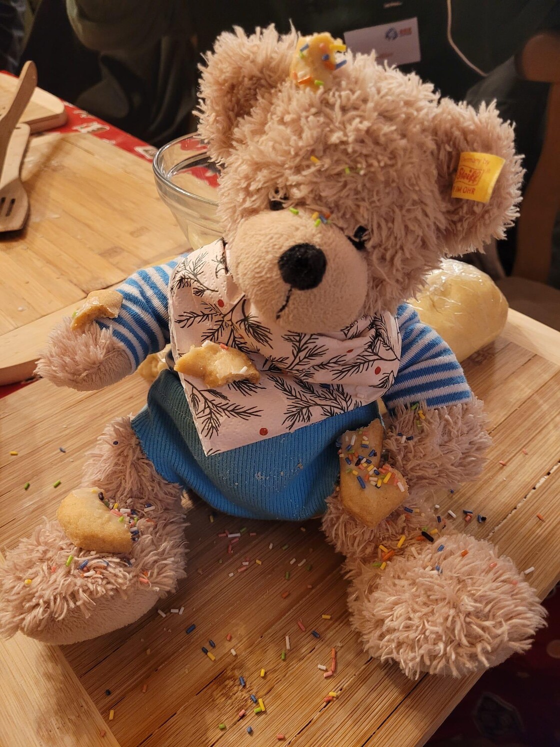 Unser Bär mit Krümmeln auf sich liegen.