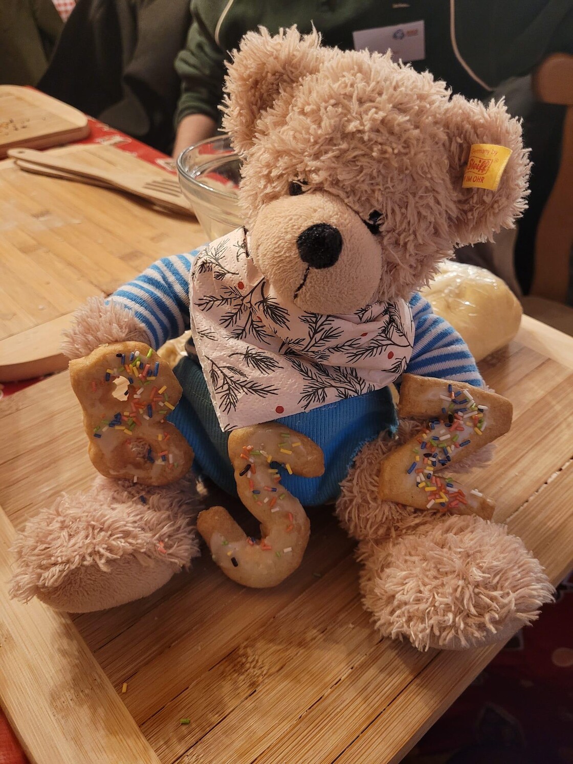 Unser Bär mit BSZ Plätzchen, die auf ihm liegen.