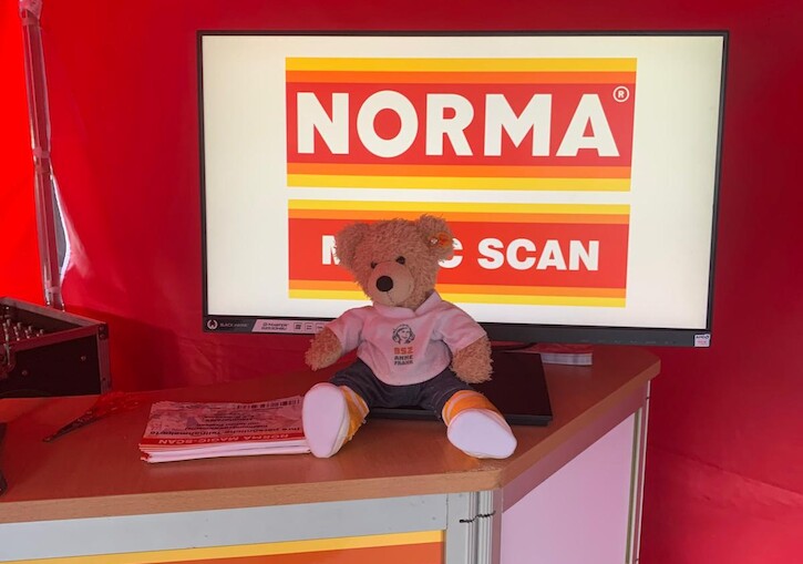 Unser Bär vor dem Normaschild.