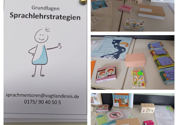 Ein Block mit der Aufschrift Sprachlernstrategien und verschiedene Materialien auf dem Tisch.
