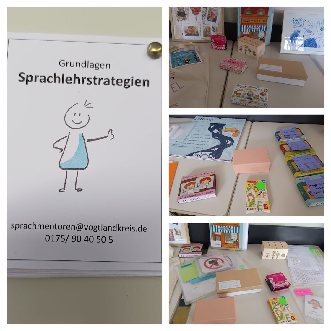 Ein Block mit der Aufschrift Sprachlernstrategien und verschiedene Materialien auf dem Tisch.